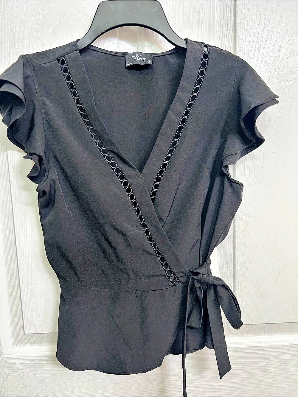 Miley & Honey Wrap Blouse with Flutter Sleeves in Black Size Small